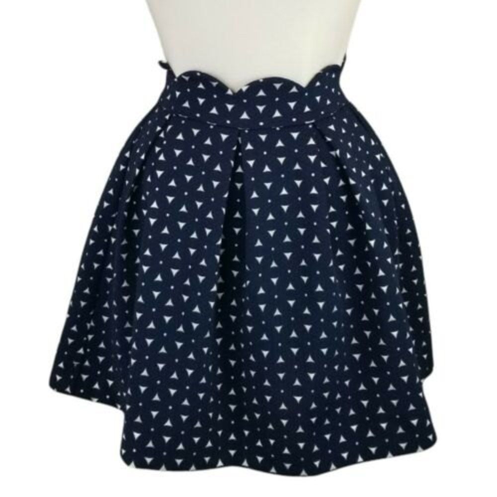 Alya Navy Geometric Pleated Mini Skirt Small Scalloped Waist Academia